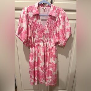 Pink and White Floral Smocked Dress by Jodifl